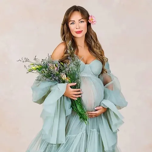 Miniatura 6 de Vestidos de maternidad de tul para sesión de fotos, batas de hombro descubierto, manga larga, lencería nupcial, vestido de baby shower, vestidos