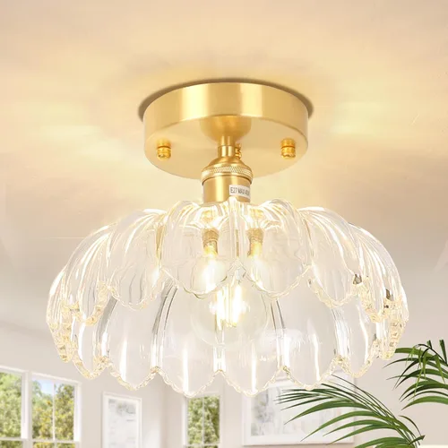 Shenmoyl Luces de pasillo doradas de montaje semiempotrado con vidrio Scindapsus transparente, bombilla incluida, base de 4.72 pulgadas, lámpara de