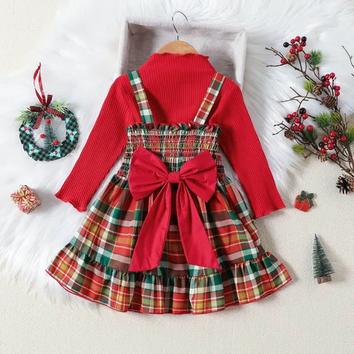 Miniatura 2 de Vestido de Navidad para niñas pequeñas, con base roja, lazo grande, a cuadros, ropa de bebé