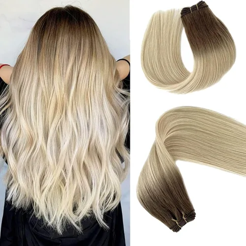 Miniatura 7 de Extensiones de trama de cabello humano real, para coser, con mechas rubias, cabello Remy marrón cenizo mezclado con rubio platino, atado a mano - 14