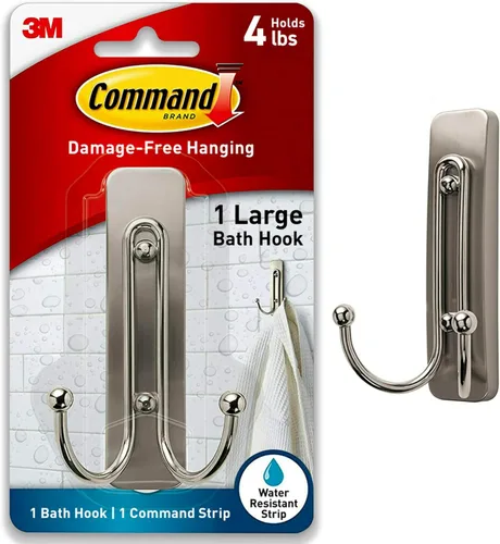 Gancho de baño doble, para colgar, grande, BATH36-SN-ES, de níquel satinado, 1 gancho, 1 tira grande resistente al agua, BATH36-SN-ES