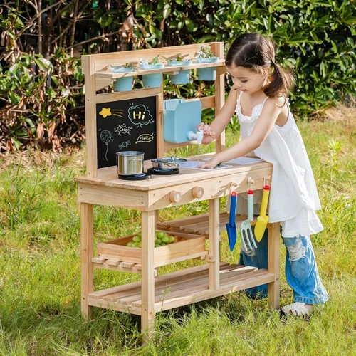 Miniatura 8 de ROBUD Cocina de Barro para Niños al Aire Libre, Cocina de Madera para Jugar al Aire Libre, Cocina de Barro para Niños con Fregadero y Grifo