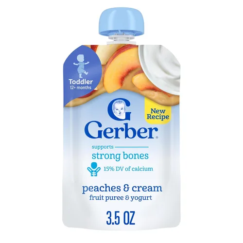 Bolsas de comida para bebé Gerber, para niños de 12 meses o más, fruta y yogur de durazno y crema, 3.5 onzas (paquete de 12)
