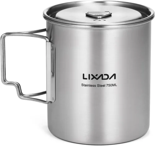 Miniatura 7 de LIXADA Taza para acampar, taza de agua de acero inoxidable de 25.4 fl oz con asas plegables y tapa para acampar al aire libre, senderismo, mochilero