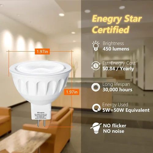 Miniatura 3 de Wixann Bombillas LED MR16 regulables, 5W 3000K blanco cálido suave, 450LM, base bi-pin Gu5.3 de 12 voltios, iluminación puntual de 40 grados