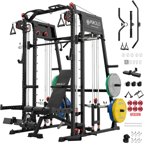 Miniatura 13 de Máquina de Smith Mikolo, banco de sentadillas de 2200lbs con sistema de tracción LAT y máquina de cruce de cables, equipo de entrenamiento con Rojo