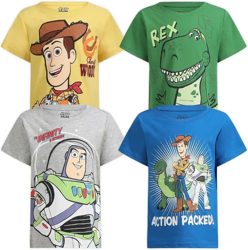 Disney Toy Story Woody, Buzz and Rex Boys Short Sleeve T-Shirt 4 Pack for Toddler and Little Kids - YellowBlueGreenGrey