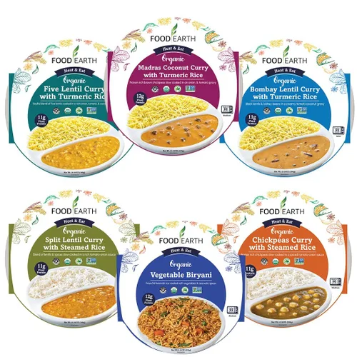 Miniatura 9 de Food Earth Paquete de cocina india listo para comer – Curry de lentejas partidas, curry de garbanzos con arroz al vapor y biryani de verduras