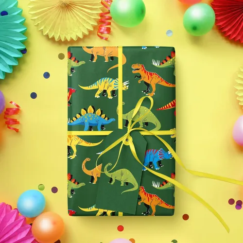 Miniatura 4 de WRAPAHOLIC - Rollo de papel de regalo de dinosaurio - Rollo mini - 17 pulgadas x 33 pies - Papel de regalo de dinosaurio verde, perfecto