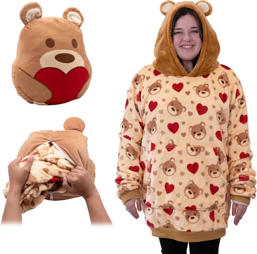 Miniatura 18 de Plushible Manta con Capucha Portátil, Sudadera con Capucha de Gran Tamaño de 2 en 1, Bolsillo de Manga Larga, Regalo Acogedor para las Fiestas, Palta