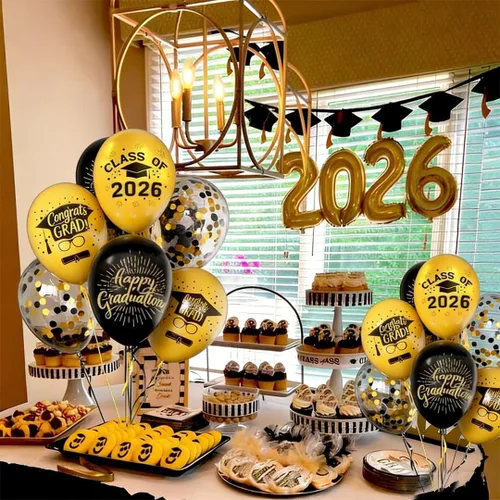 Miniatura 6 de Globos de graduación 2025 para fiesta de graduación, 50 globos de 30 cm negros y dorados de látex para graduación, globos de fiesta de graduación