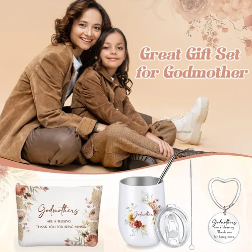 Miniatura 4 de Didaey Juego de 3 regalos para madrina de parte del ahijado, regalo de propuesta de madrina, vaso de acero inoxidable, bolsa de maquillaje, llavero