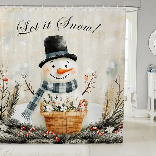 Miniatura 11 de Homewish Cortina de ducha de árbol de Navidad, juego de cortina de ducha de baño con diseño de copo de nieve dorado para niños y adultos, cortina