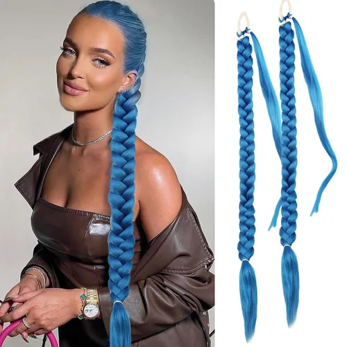 Miniatura 16 de 2 paquetes de 16 pulgadas de extensión de cola de caballo trenzada larga negra para mujeres negras con banda elástica, trenzado recto, extensiones