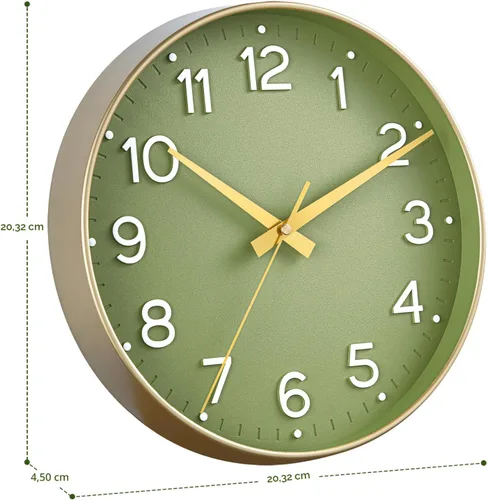 Miniatura 8 de Roymnie Reloj de pared verde, silencioso, funciona con pilas, 8 pulgadas, moderno, analógico, sin tictac, decorativo, para cocina, oficina, baño