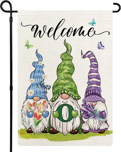 Miniatura 9 de Bandera de jardín con monograma de flores de gnomos de primavera, bandera de gnomo floral con letra inicial, bandera de bienvenida de primavera