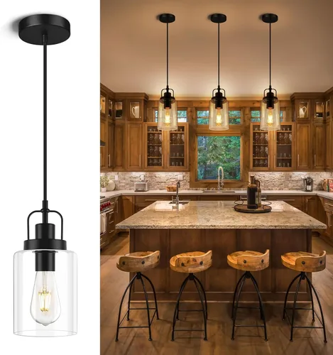 Lámpara colgante de granja, luces colgantes rústicas negras para isla de cocina, iluminación de techo colgante industrial sobre mesa con pantalla de