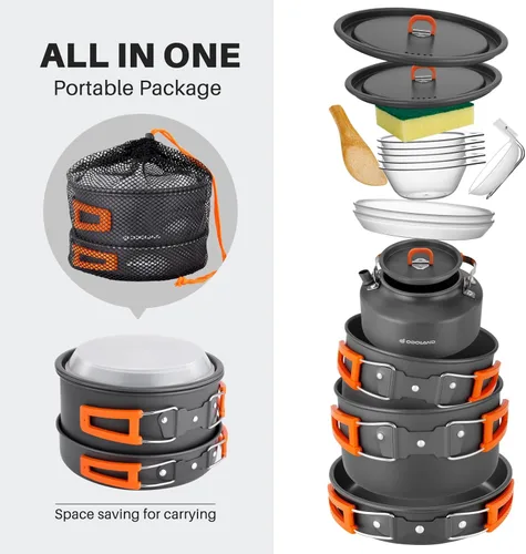 Miniatura 5 de Odoland 15pcs Camping Cookware Non-Stick Lightweight Camping Pots and Pans Set with Kettle Plastic Plates Bowls Soup Spoon for Camping, Backpacking