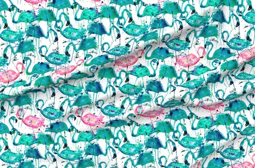 Miniatura 4 de Spoonflower Tela: verde azulado, rosa, flamencos, salpicaduras, acuarela, pájaros, verano, tropical, estampado en tela de gasa de cuarto grueso