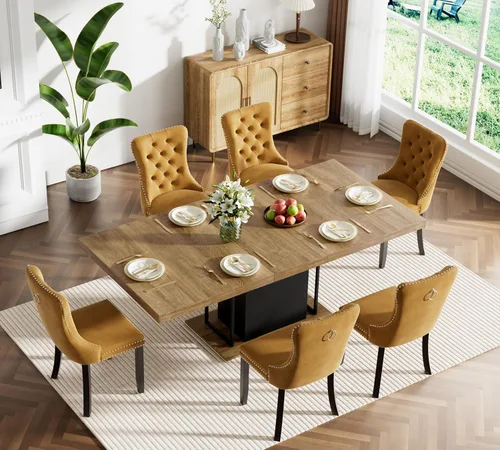 Miniatura 54 de Juego de mesa de comedor extensible marrón de 63 a 78.74 pulgadas para 4, juego de mesa de comedor de 5 piezas con 4 sillas, mesa de cocina