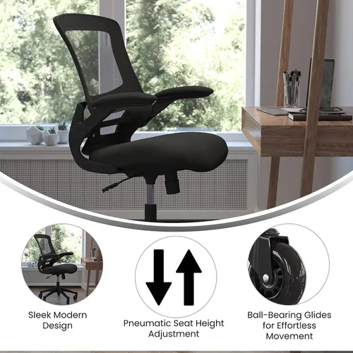 Miniatura 4 de Flash Furniture Kelista Silla de oficina ergonómica giratoria de malla negra con brazos abatibles y ruedas transparentes