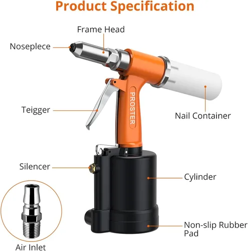 Miniatura 4 de Pistola remachadora neumática hidráulica Proster de 2,4 a 4,8 mm, tamaños 3/16", 3/32", 1/8", 5/32", capacidad de 500 piezas Naranja