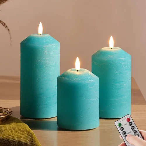 Miniatura 12 de Eywamage Velas de pilar sin llama rosa con control remoto, velas LED parpadeantes de cera a pilas, juego de 3