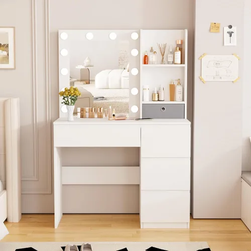 Miniatura 2 de Fameill Tocador de maquillaje con luces, escritorio de tocador de 37 pulgadas con espejo y luces, 4 cajones, 3 modos de iluminación, brillo