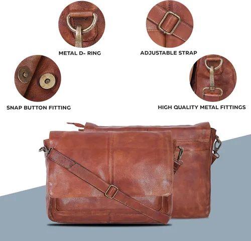 Miniatura 6 de Bolso de mensajero de cuero real para hombres y mujeres Maletín para laptop para oficina universidad correa de hombro ajustable