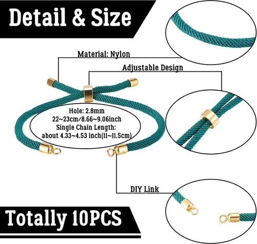 Miniatura 3 de 10 piezas de pulseras de cordón de nylon torcido para hacer joyas ajustables con deslizadores con accesorios de latón dorado para accesorios