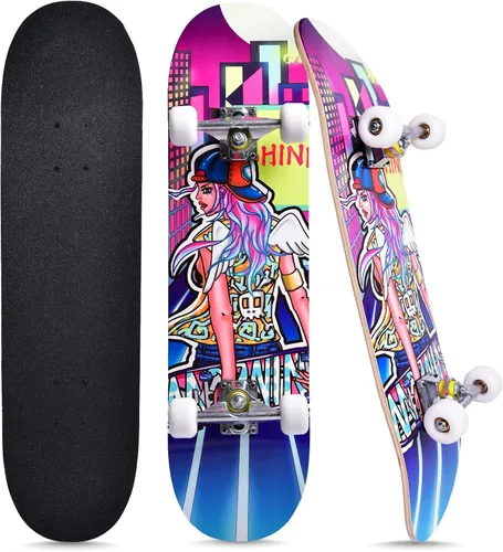 Miniatura 7 de Patinetas para principiantes, niños, niñas y adultos, 31 x 8 pulgadas, 7 capas de arce, cóncavo de doble patada, fascinante fresco, sólido y duradero