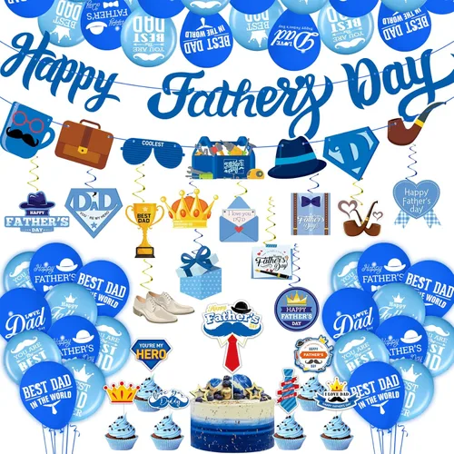 Funnlot Decoraciones para el Día del Padre, 64 piezas con pancarta, decoración de pastel, globos, colgantes de techo y más en colores rojo y menta