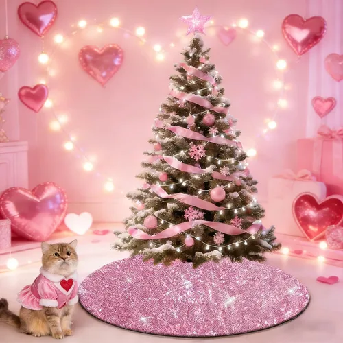Miniatura 6 de yuboo Falda de árbol de Navidad rosa, 30 pulgadas, con lentejuelas pequeñas con purpurina rosa, adornos de árbol de San Valentín para lápiz, árbol