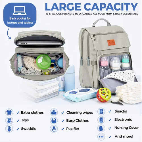 Miniatura 3 de PILLANI Mochila para Pañales de Bebé - Bolsa Grande para Niños y Niñas, Mochila Impermeable para Pañales - Bolsas de Pañales de Viaje con R. Beige