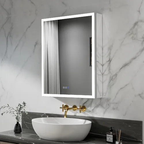 Miniatura 19 de ExBrite Botiquín iluminado de 28 x 32 pulgadas, armario con espejo LED empotrado/superficie con reloj y pantalla de temperatura, desempañamiento