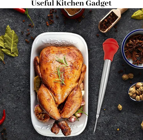 Miniatura 2 de Jeringa de pavo para cocinar, inyector grande de carne de acero inoxidable, con cepillo de limpieza y 2 agujas de adobo, color rojo