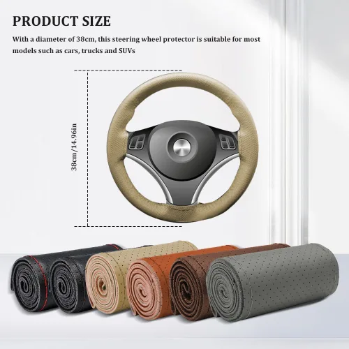Miniatura 2 de Funda de cuero para volante, con cordones, transpirable, antideslizante, protector para volante de automóvil para un diámetro máximo de 15 pulgadas