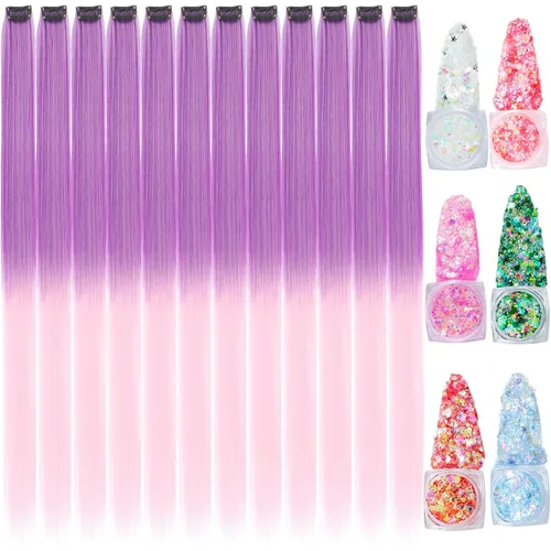 Miniatura 25 de Extensiones de cabello de colores, extensión de cabello liso con clip de 22 pulgadas, extensiones de cabello con brillantina multicolor arcoíris
