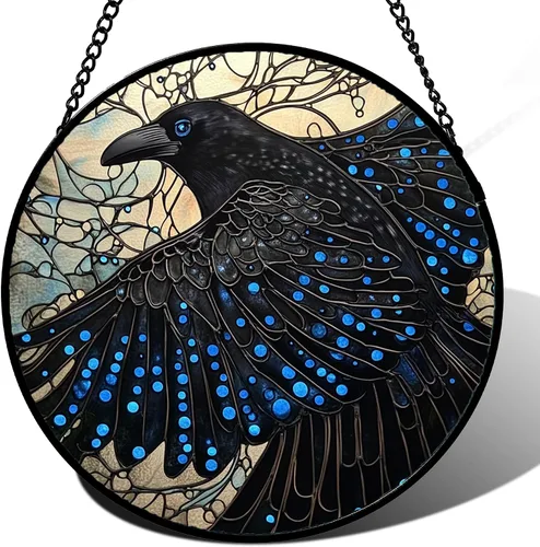 Colgante de vitrales para colgar en la ventana, de cuervo negro, alas grandes para puertas, jardín, patio, pájaros, atrapasoles, decoración de