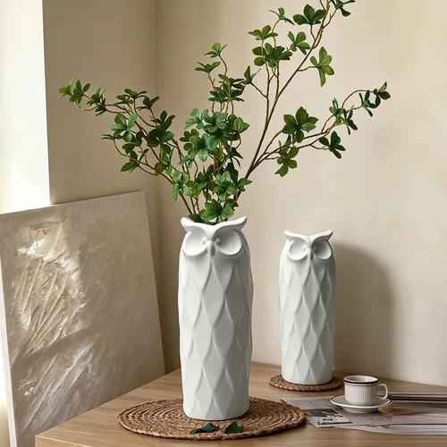 Miniatura 4 de Juego de 2 jarrones de cerámica con diseño de búho para sala de estar, dormitorio, 9.45'' y 8.27'', jarrones modernos blancos para plantas y flores