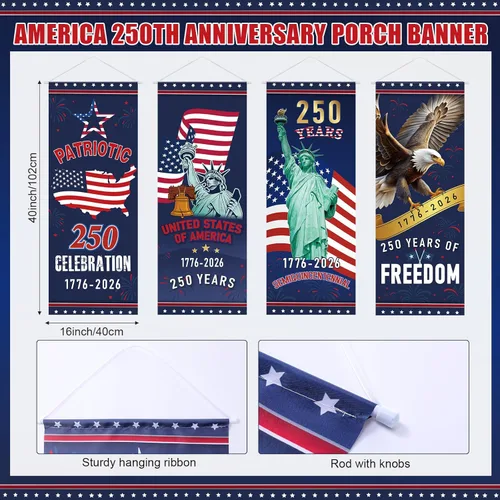 Miniatura 2 de Panelee 4 pancartas decorativas para el 250 aniversario de la bandera patriótica de Estados Unidos, para porche, telón de fondo colgante para el Día