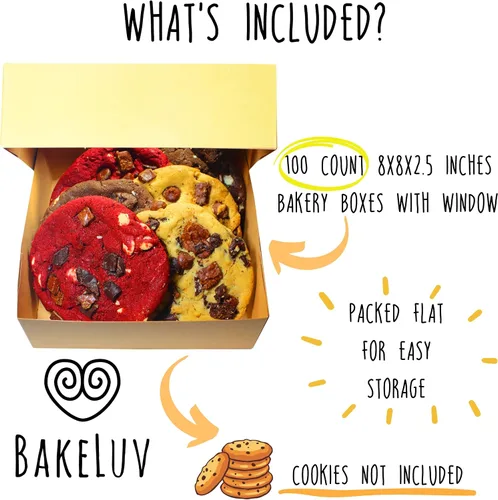 Miniatura 2 de BAKELUV Paquete de 100 cajas de panadería marrones de 8 x 8 x 2.5 pulgadas con ventana, cajas de galletas, pasteles, postres, golosinas, alimentos