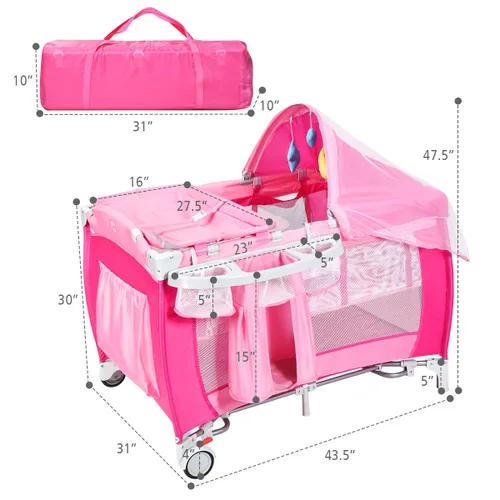 Miniatura 6 de Costzon 4 en 1 rosa Pack and Play con moisés, corralito portátil para bebé con toldo ajustable, entrada con cremallera lateral, caja de música