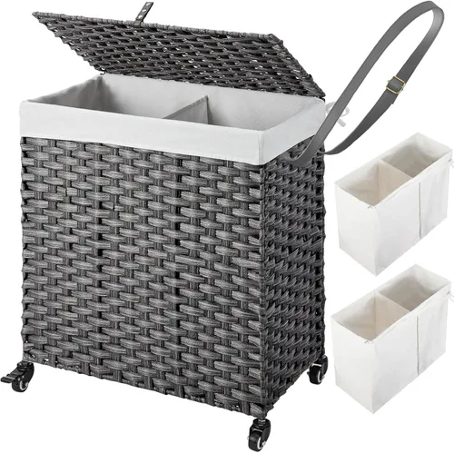 Greenstell Cesta de lavandería con ruedas, no necesita instalación, cestas tejidas a mano divididas de 110 litros y 2 bolsas extraíbles con forro,