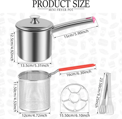 Miniatura 3 de Olla para freír con cesta coladora, olla de acero inoxidable con tapa y asa, mini freidora de aceite de 1.8 litros, freidora portátil, freidora
