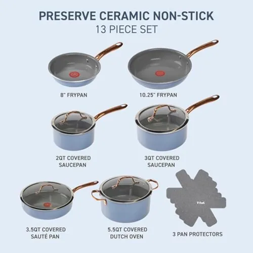 Miniatura 2 de T-Fal Preserve Ceramic, juego de utensilios de cocina antiadherentes de 13 piezas, apto para horno y asador hasta 350°F, incluye olla de cocción Azul