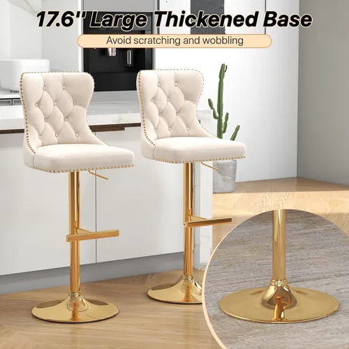 Miniatura 6 de Juego de 2 taburetes de bar, taburetes giratorios de terciopelo con respaldo copetudo, asiento ajustable con ribete de cabezas de clavos, sillas