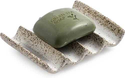 Miniatura 16 de Jabonera de cerámica drenante, diseño estriado, soporte para jabón de barra para ducha y baño, elevación de esponja ahorradora de jabón, color verde