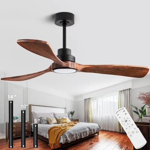 Miniatura 21 de Ventilador de techo de 52 pulgadas sin luz, con control remoto, motor CC reversible, con 3 aspas de madera maciza, para patio, sala de estar, Nogal