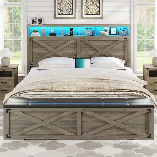 Miniatura 3 de DICTAC - Base de cama estilo granja tamaño Queen con cabecera de almacenamiento y estación de carga, base de cama de plataforma de madera